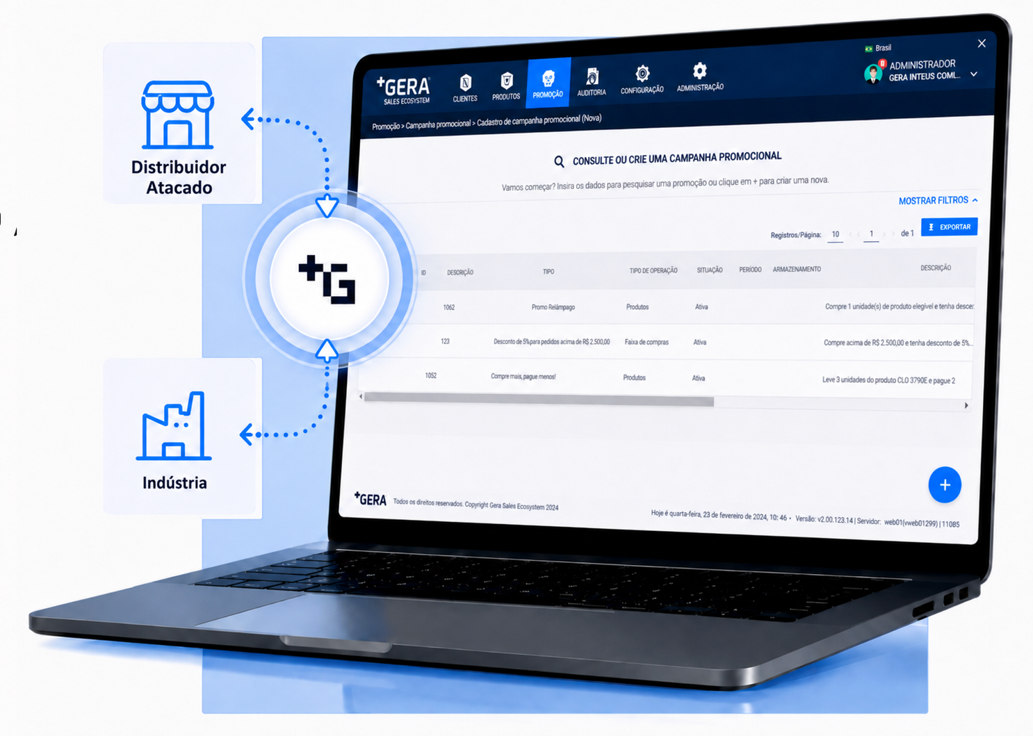 Plataforma GERA para Canal Indireto, conectando indústria e distribuidor, sobre fundo azul.
