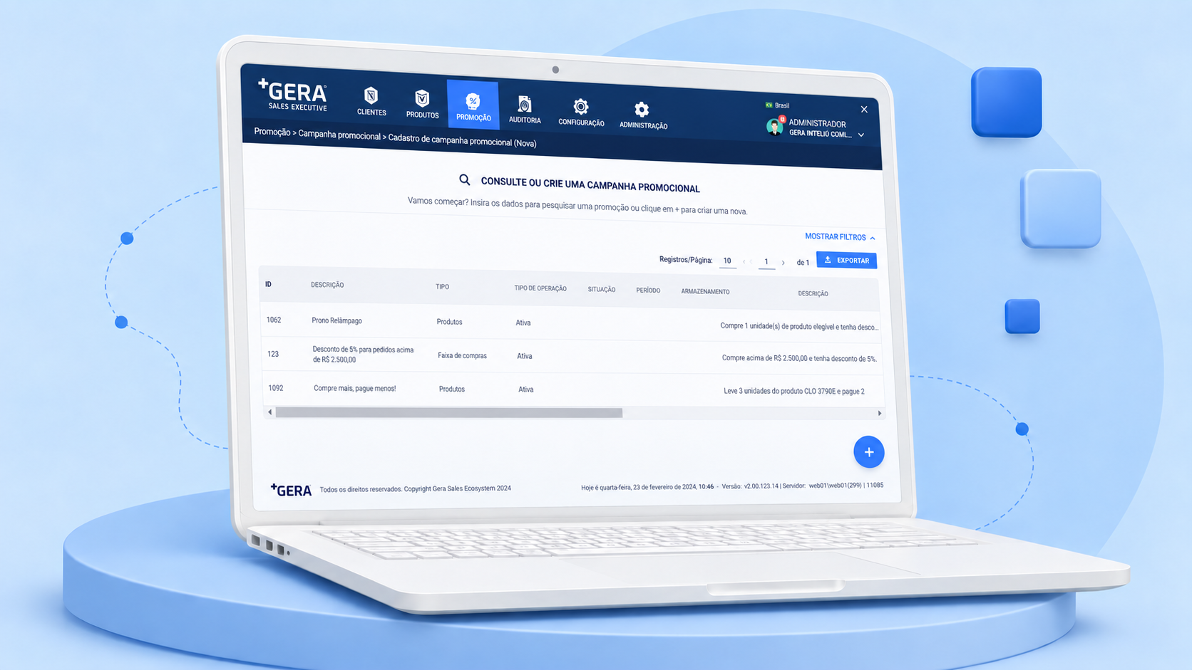 Notebook com a plataforma GERA para Canal Indireto sobre fundo azul.