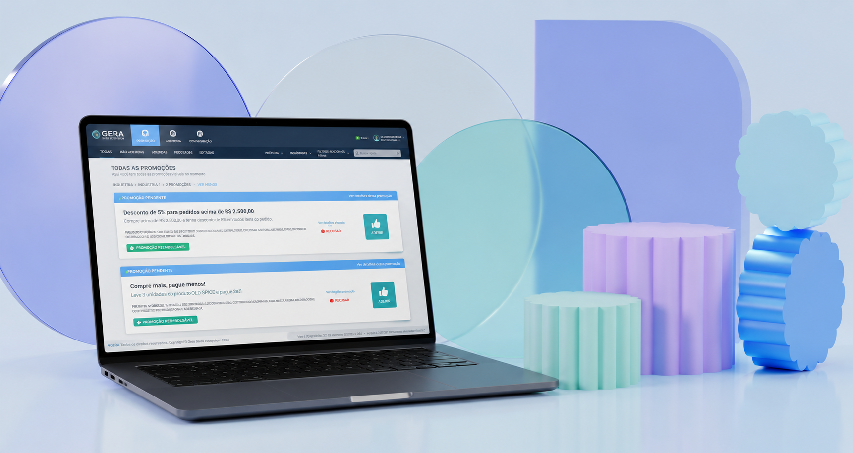 Notebook com a plataforma GERA sobre fundo azul claro na seção Venda Direta.